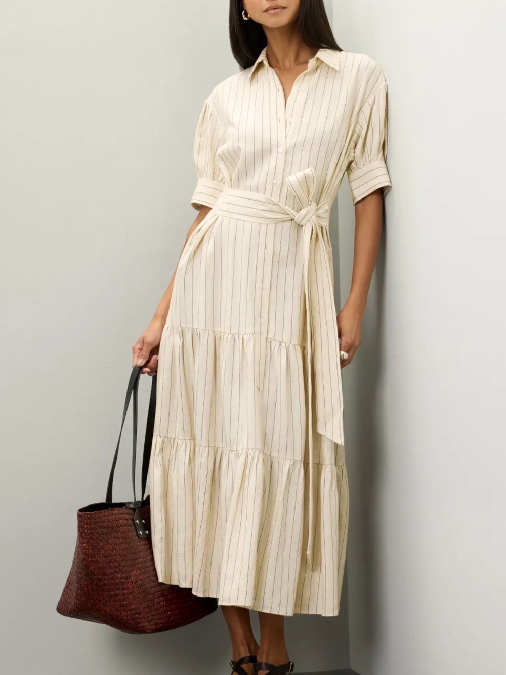 Marissa Webb Tie Waist Linen Blend Cream Striped Midi Button Shirt Dress